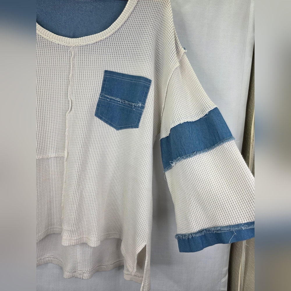 POL Women's Colorblock Waffle Knit  Round Neck Long Sleeve Boho Cottage Core  L - Picture 8 of 15